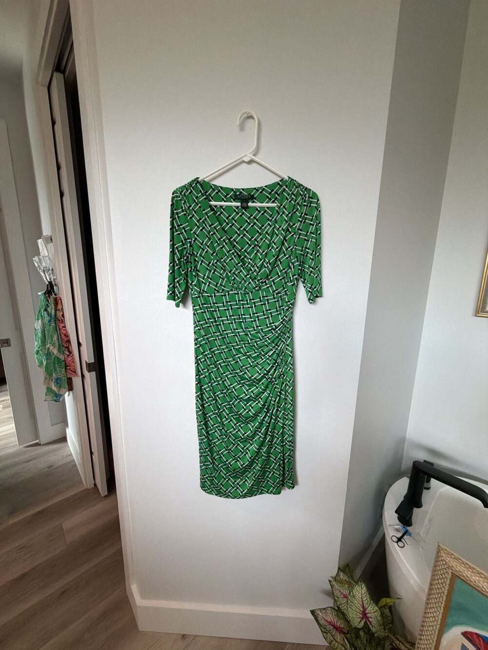 Lauren Ralph Lauren Green Geometric Print Ruched Jersey Dress